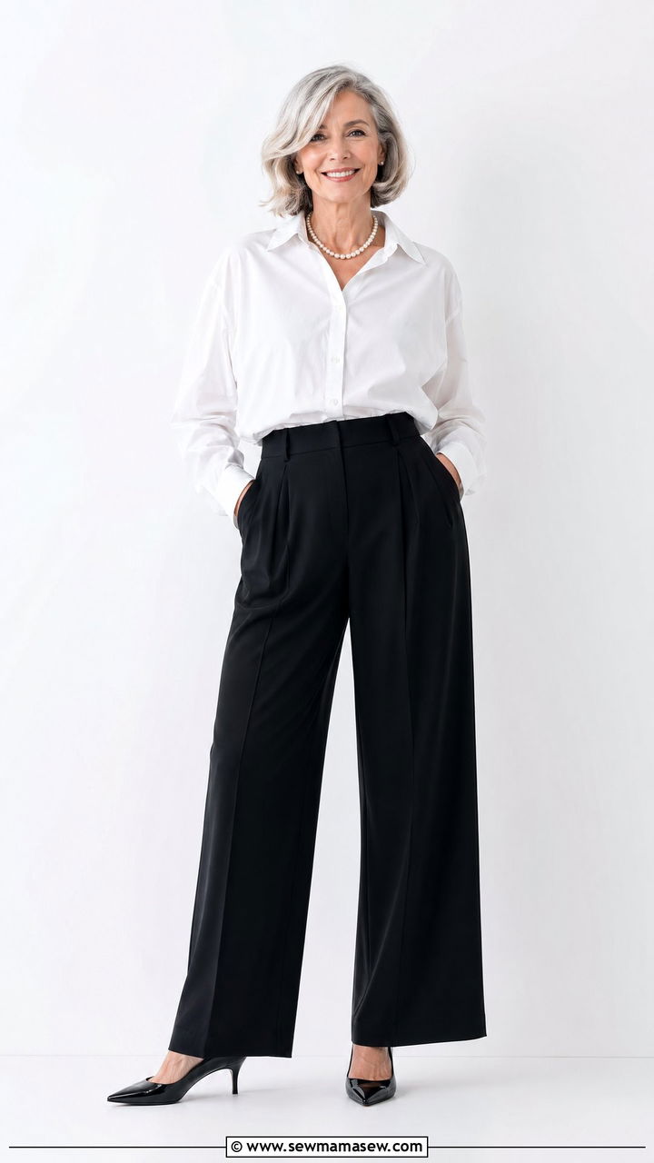 White button down and wide leg trousers outfit - 35 Classy outfit ideas for women over 60