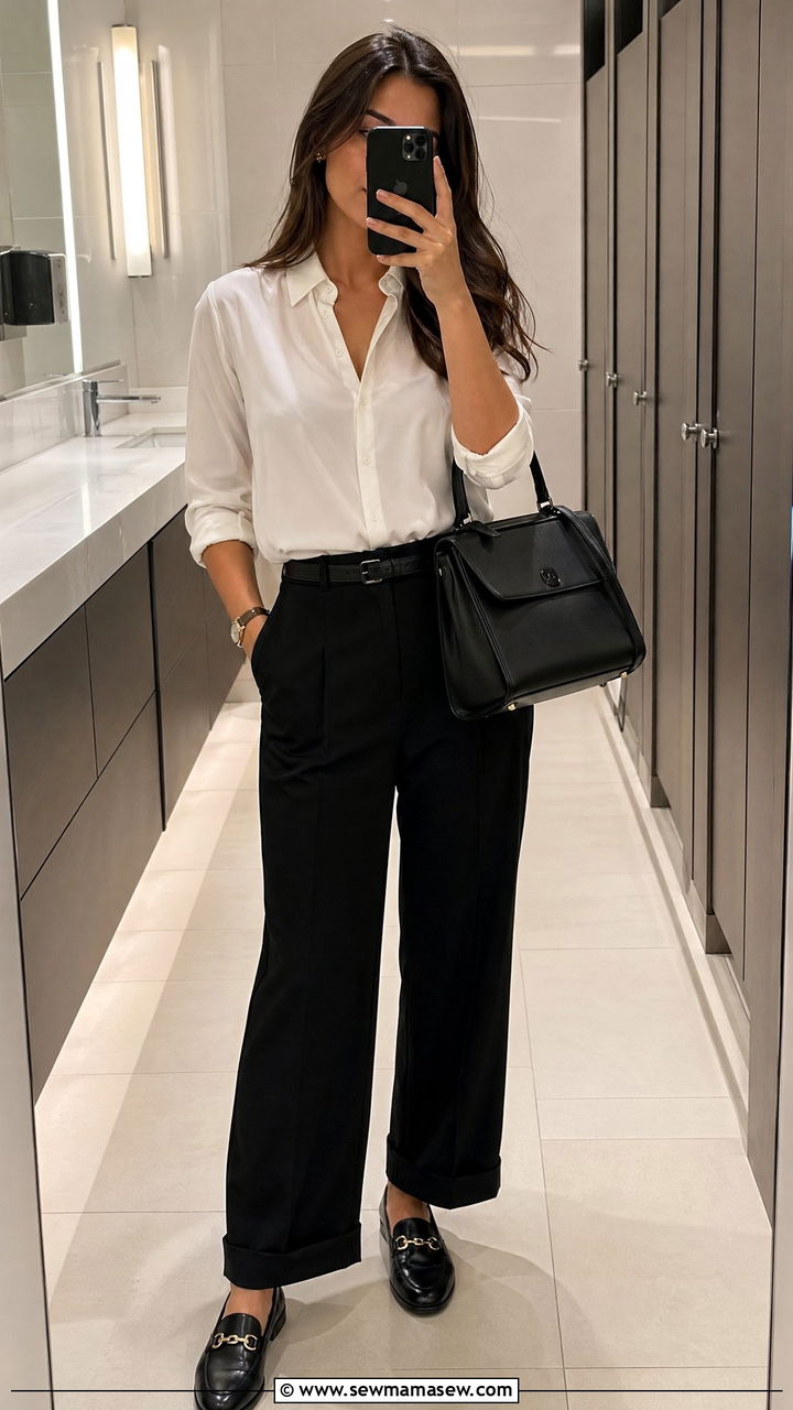 White button down shirt and wide leg trousers work outfit - 35 Corporate outfit ideas for women