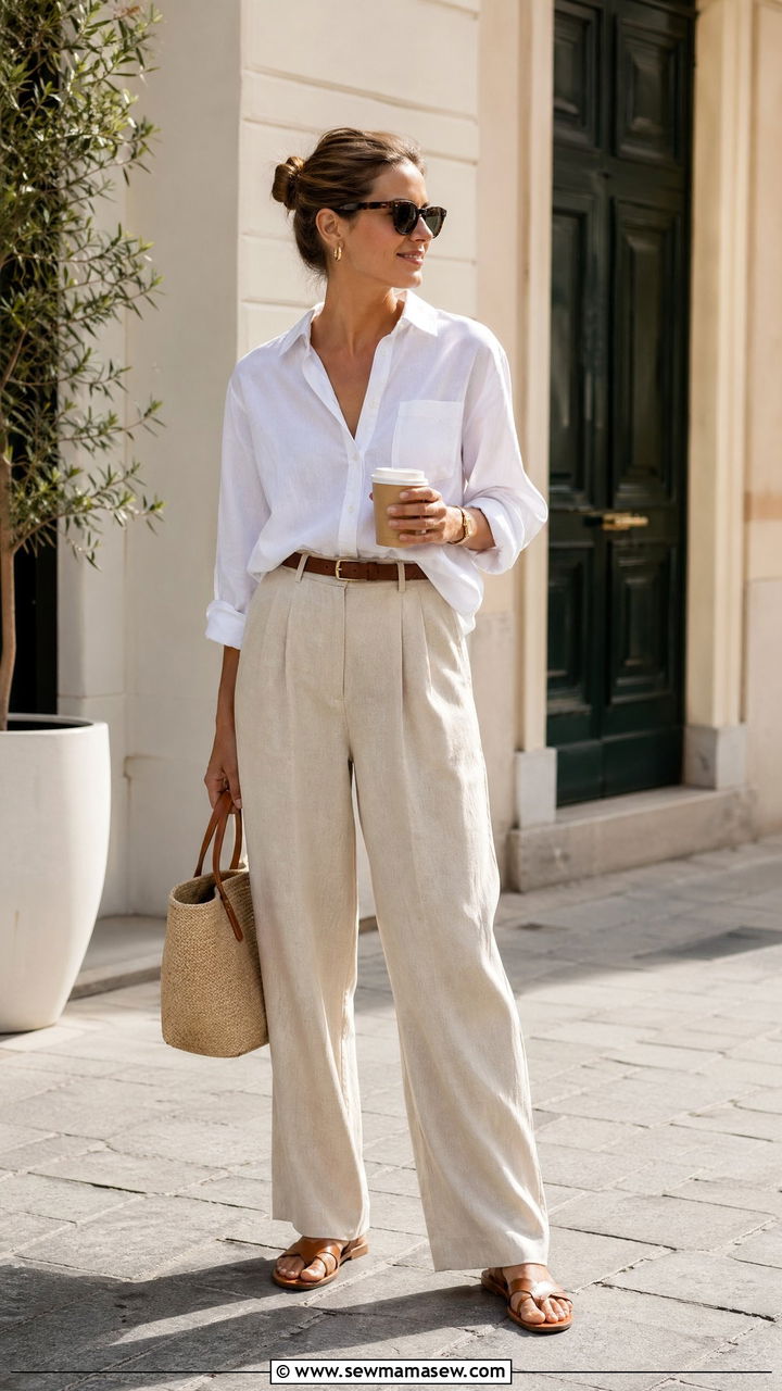 White button down shirt with beige trousers - 35 casual old money outfits