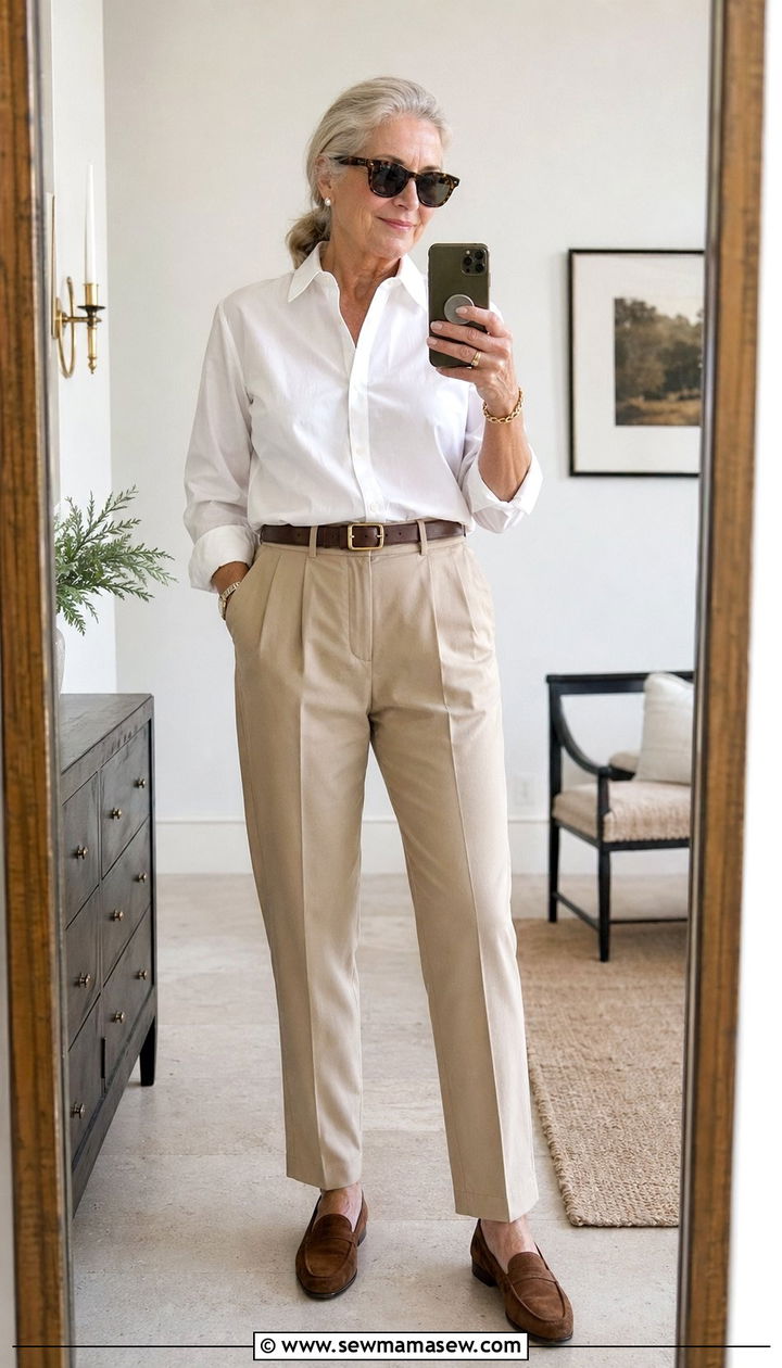 White button down shirt with high waisted khaki trousers - 35 Old money outfit ideas for women over 60