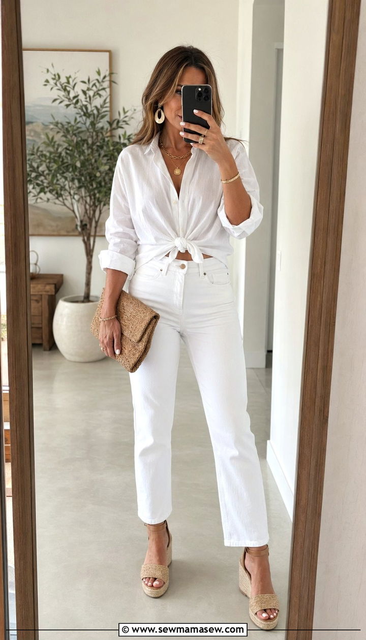 White button down tied at the waist with white jeans - 30 10 piece summer capsule wardrobe
