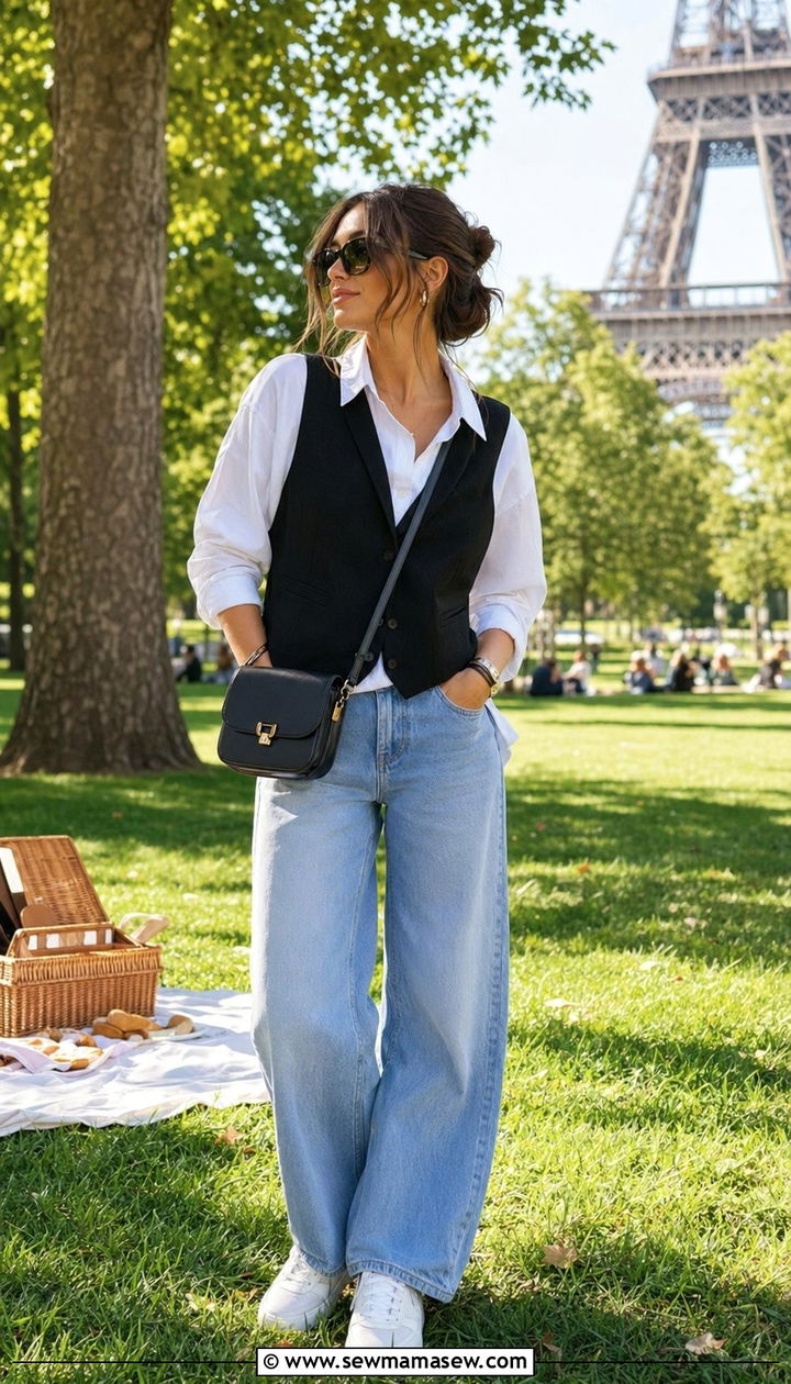 White button down with a black vest and wide leg jeans - 35 Parisian outfit ideas 2026