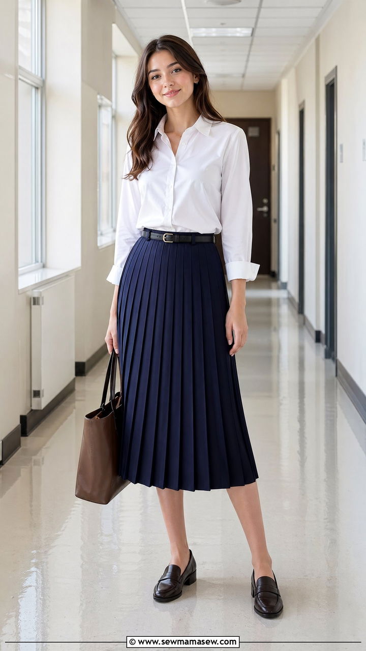 White button down with a pleated midi skirt - 35 casual school outfits