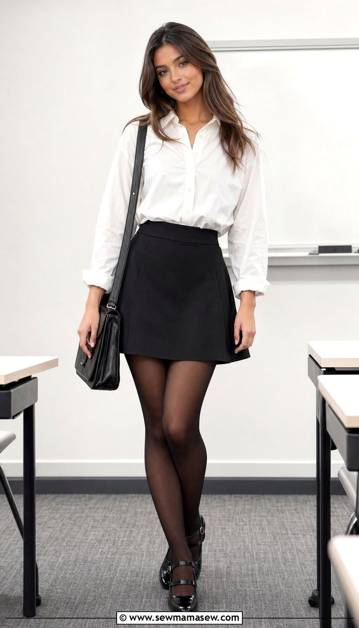 White button down with black mini skirt - 35 school outfit ideas for women