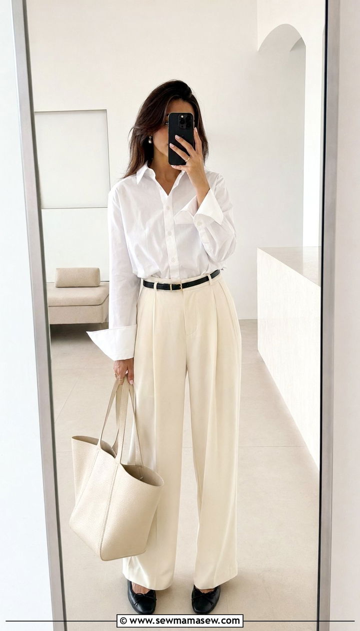 White button down with pleated cream trousers and ballet flats outfit - 35 Quiet luxury outfit ideas