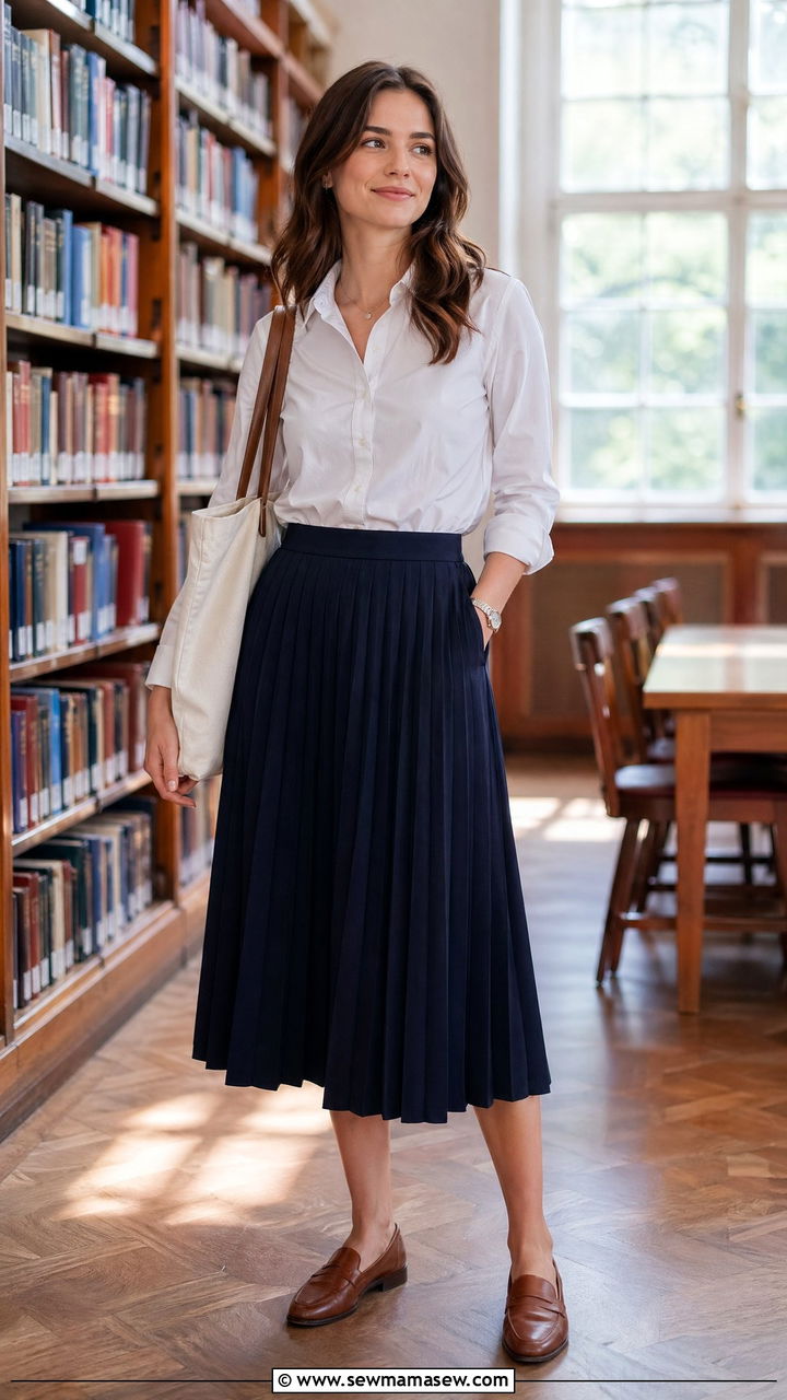 White button down with pleated midi skirt interview outfit - 35 spring interview outfit ideas