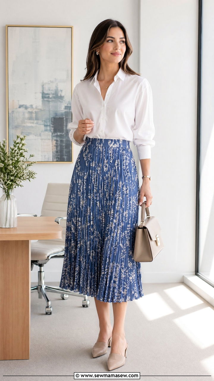 White button down with printed midi skirt outfit - 35 classy spring outfit ideas