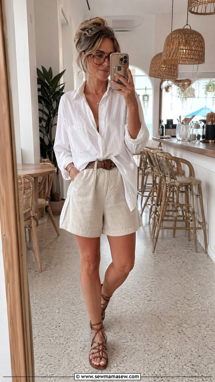 White button down with relaxed shorts and a woven leather belt - 35 Coastal grandmother outfit ideas