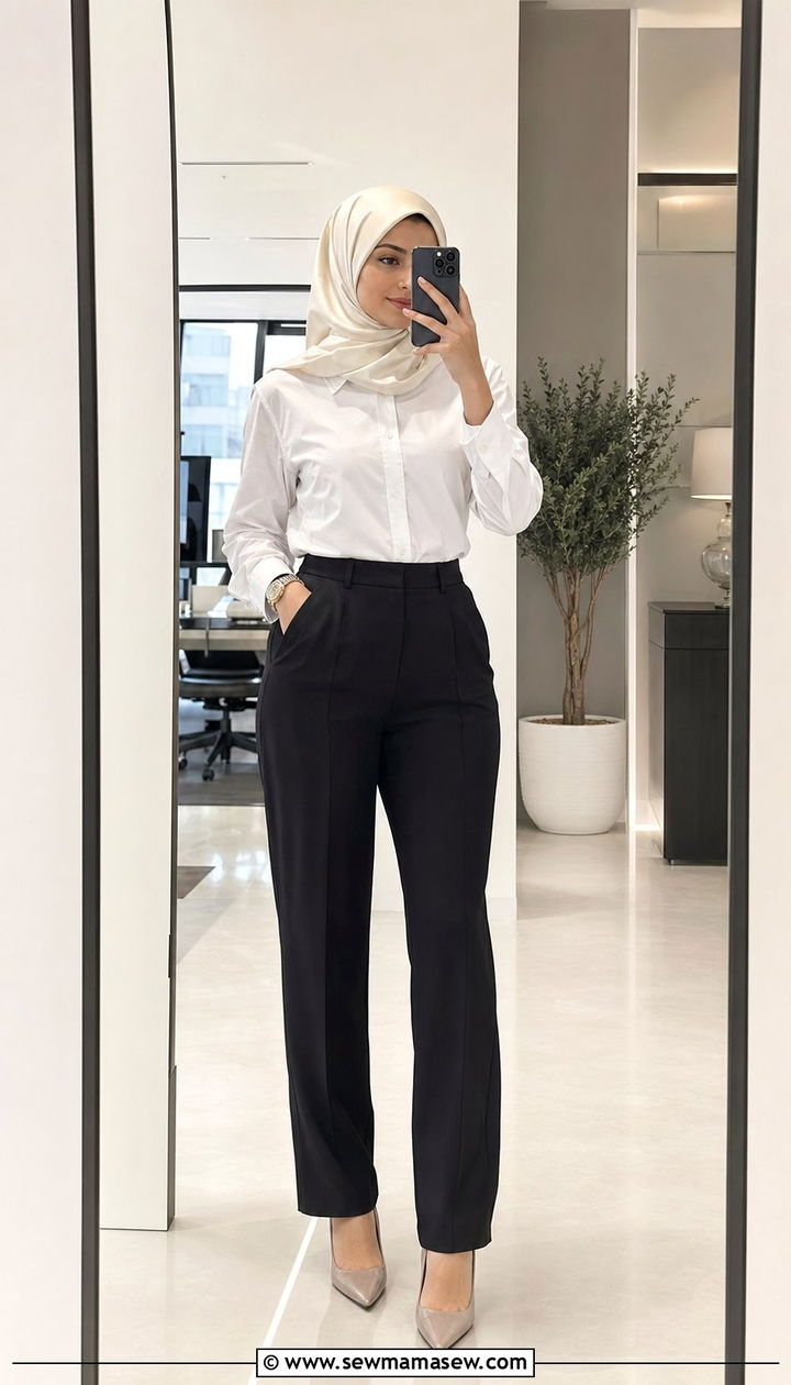 White button down with structured trousers and satin hijab outfit - 35 Modest work outfit ideas
