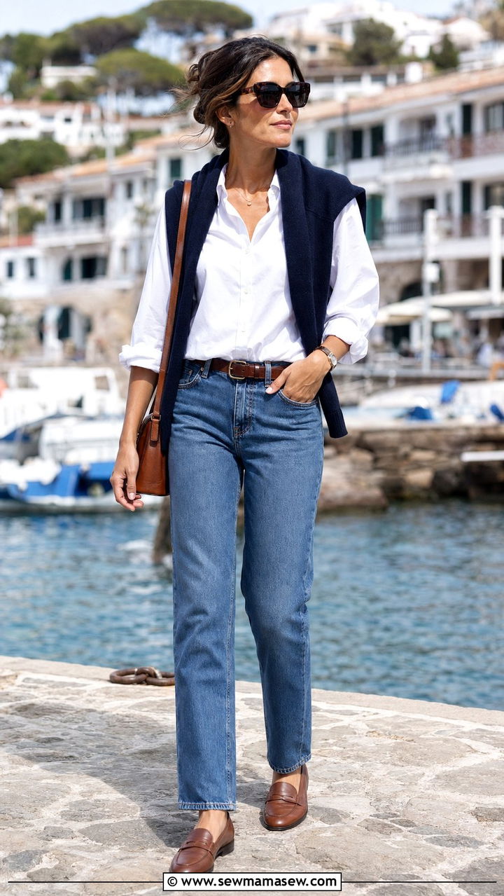 White button down with sweater draped over shoulders - 35 Rich mom outfit ideas