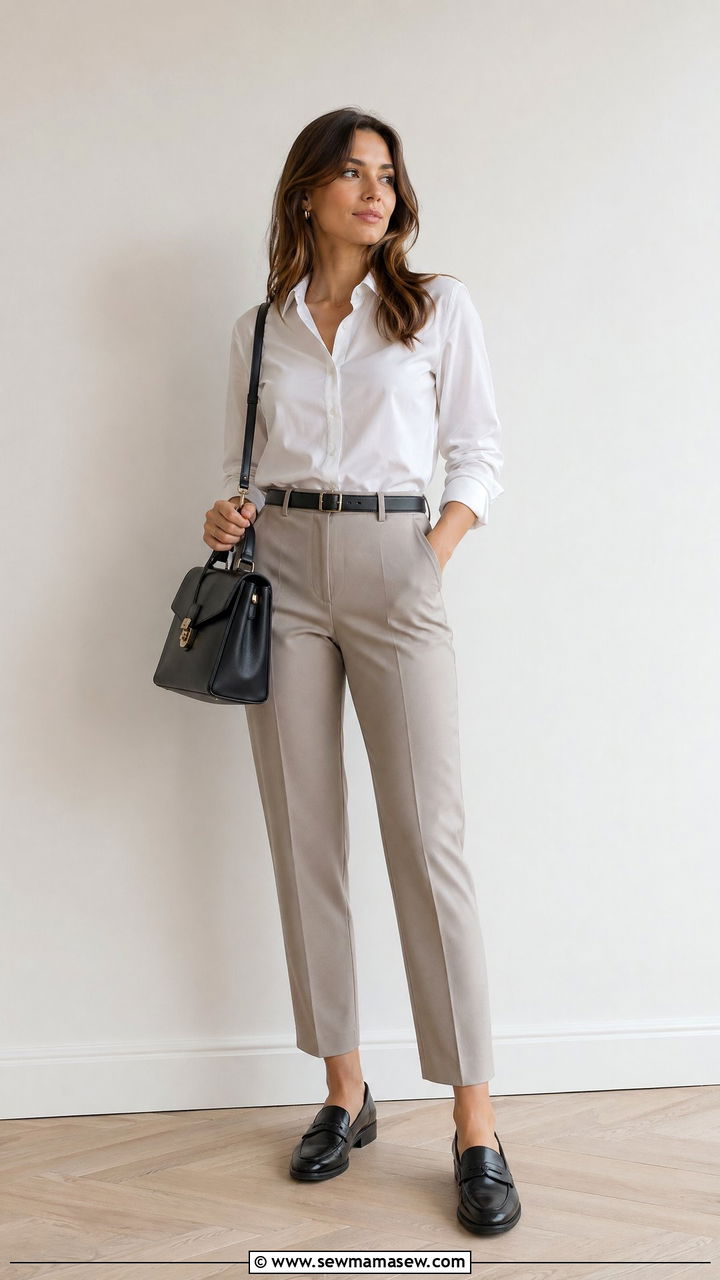 White button down with tailored trousers and loafers - 35 spring smart casual outfit ideas