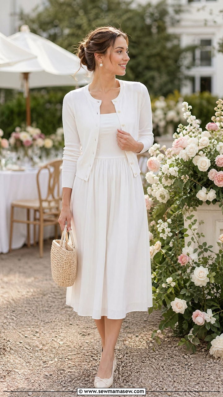 White cardigan and white dress outfit - 35 spring white outfit ideas