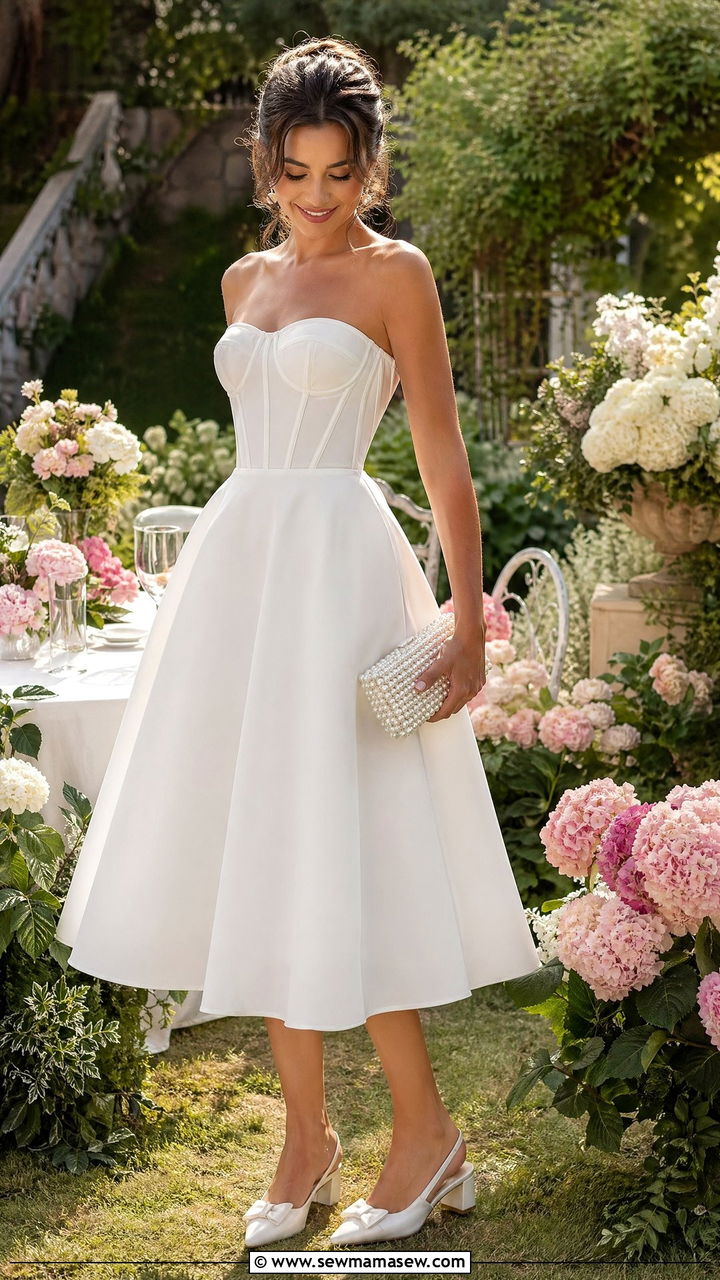 White corset tea dress for the bride - 35 summer bridal shower outfit ideas