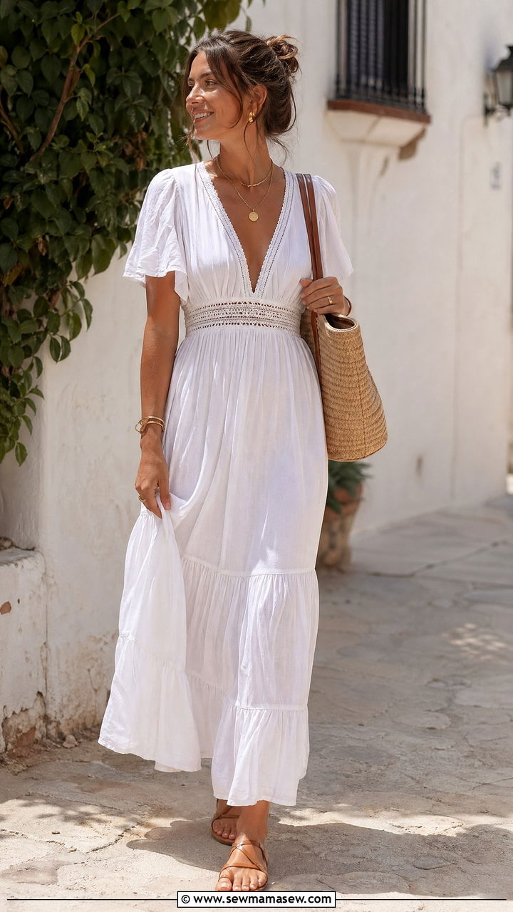 White cotton maxi dress and flat sandals outfit - 35 Summer office outfit ideas