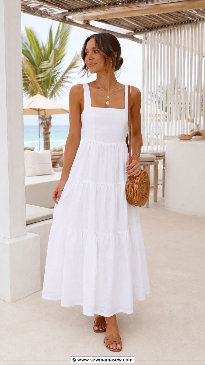White cotton maxi dress with gold accessories - 35 classy hot weather outfits