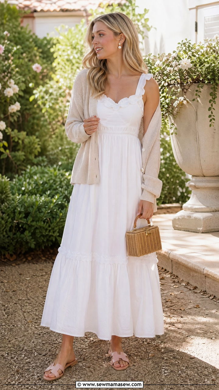 White cotton sundress with ruffle details and pearl earrings - 35 Coastal grandmother outfit ideas