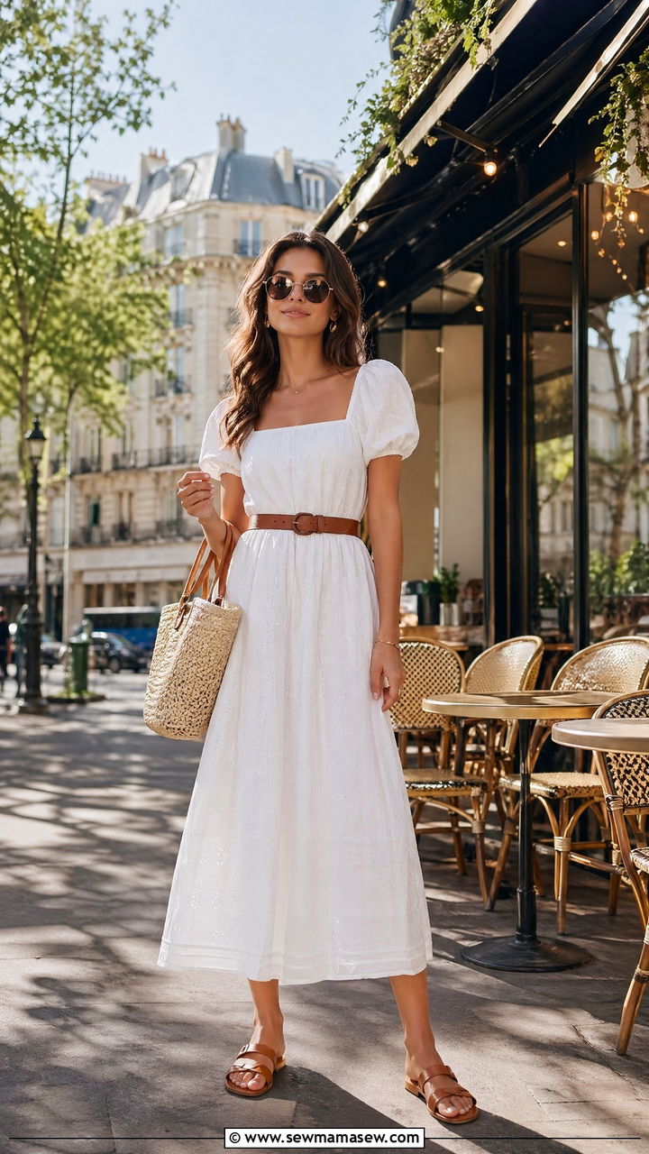 White cotton sundress with tan accessories - 35 Summer Paris outfit ideas