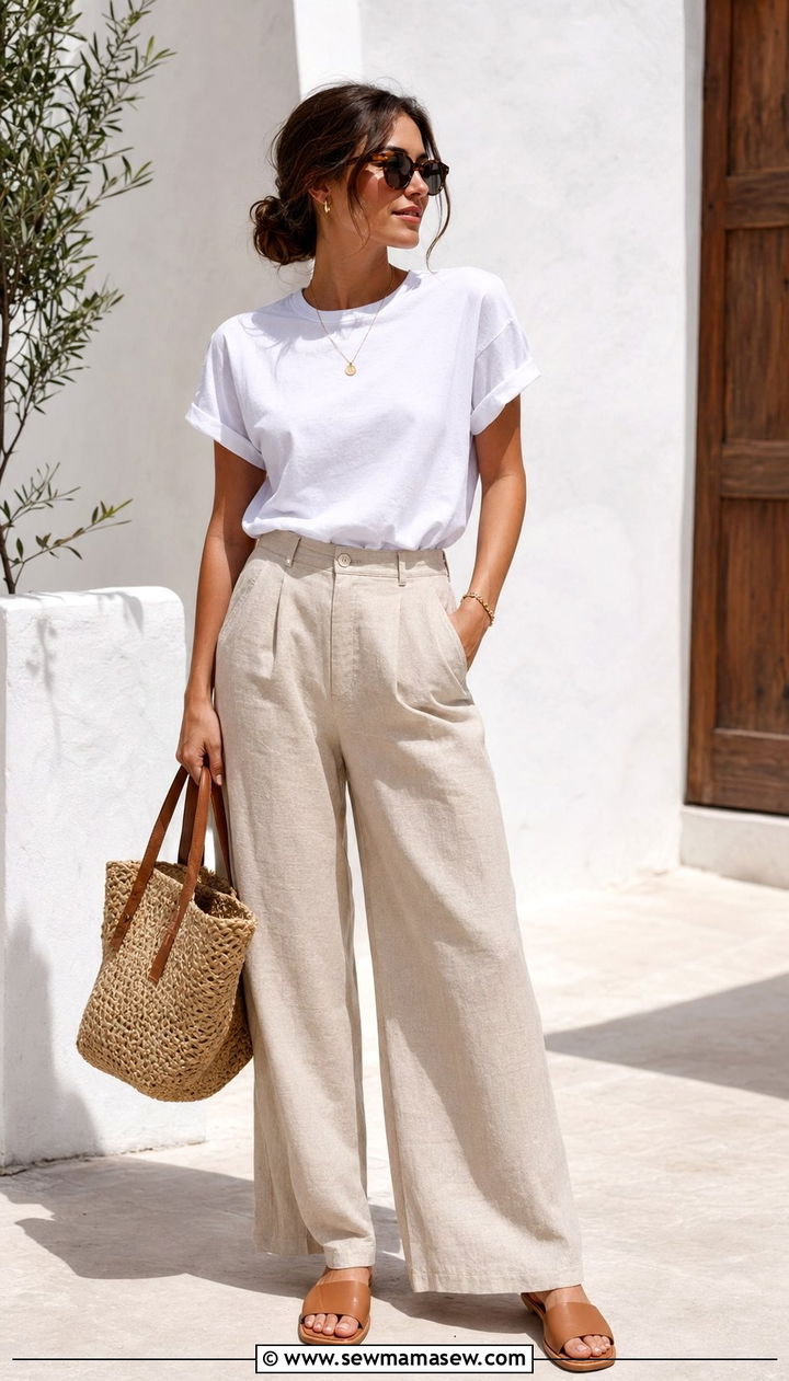 White crewneck tee tucked into beige linen trousers - 30 10 piece summer capsule wardrobe