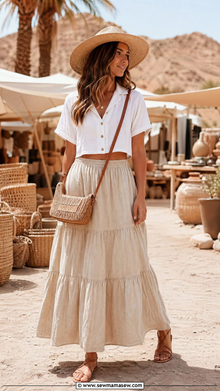 White cropped top with tiered linen maxi skirt - 35 Summer outfits for 30 year old woman