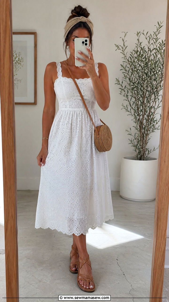 White eyelet dress and strappy sandals vacation outfit - 35 summer vacation outfit ideas