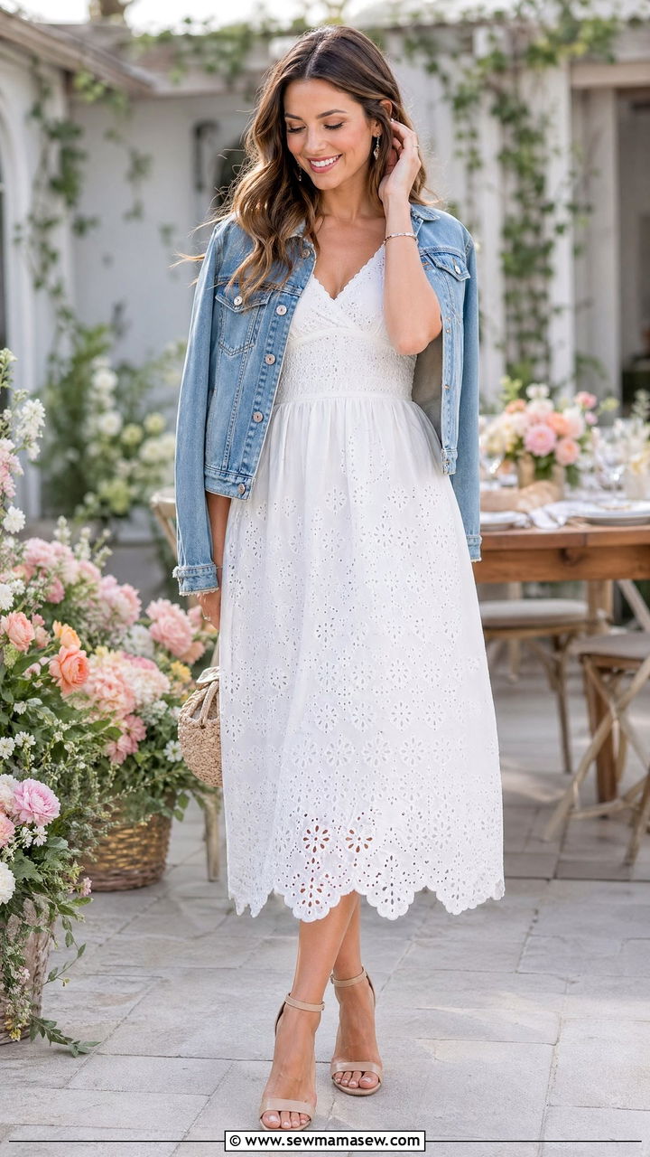 White eyelet dress with a denim jacket and nude block heel sandals - 35 spring to summer outfits for women