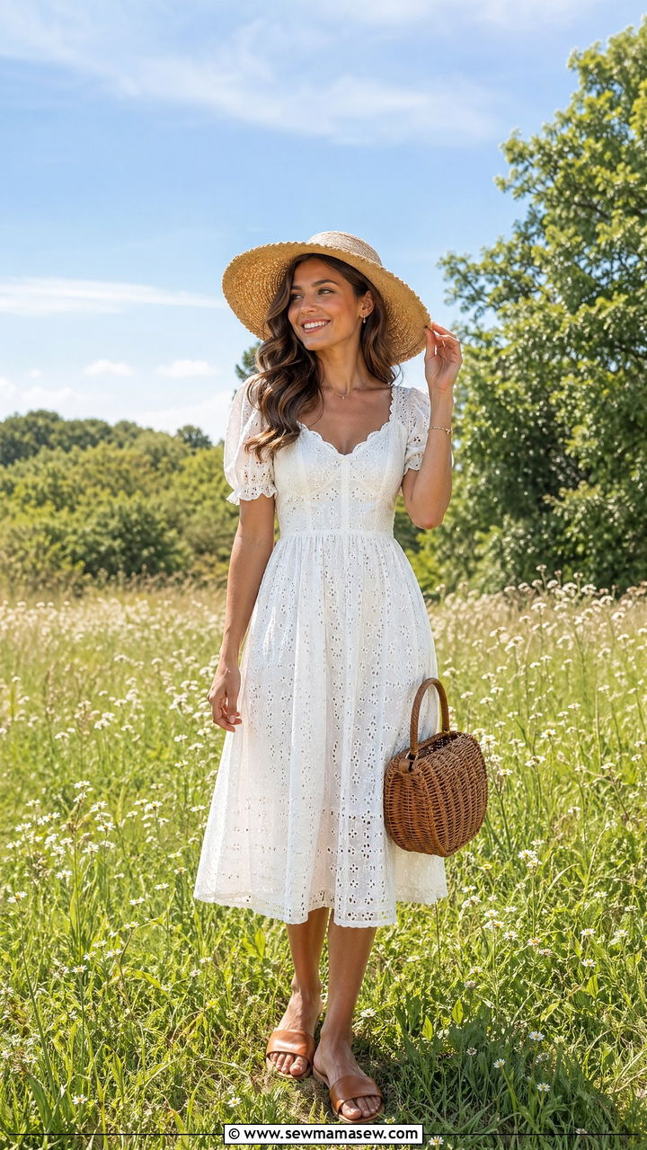 White eyelet dress with straw accessories - 35 spring romantic outfit ideas