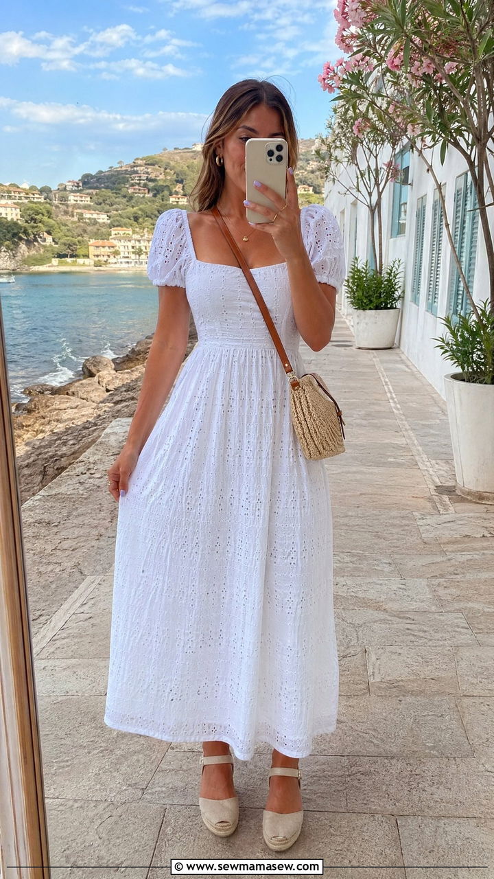 White eyelet maxi dress with espadrille wedges - 35 Vacation outfit ideas summer 2026