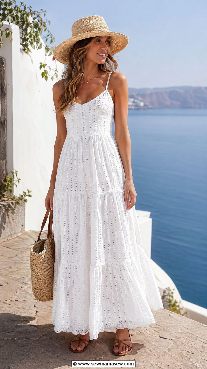 White eyelet maxi dress with flat sandals - 35 Summer outfits for 30 year old woman