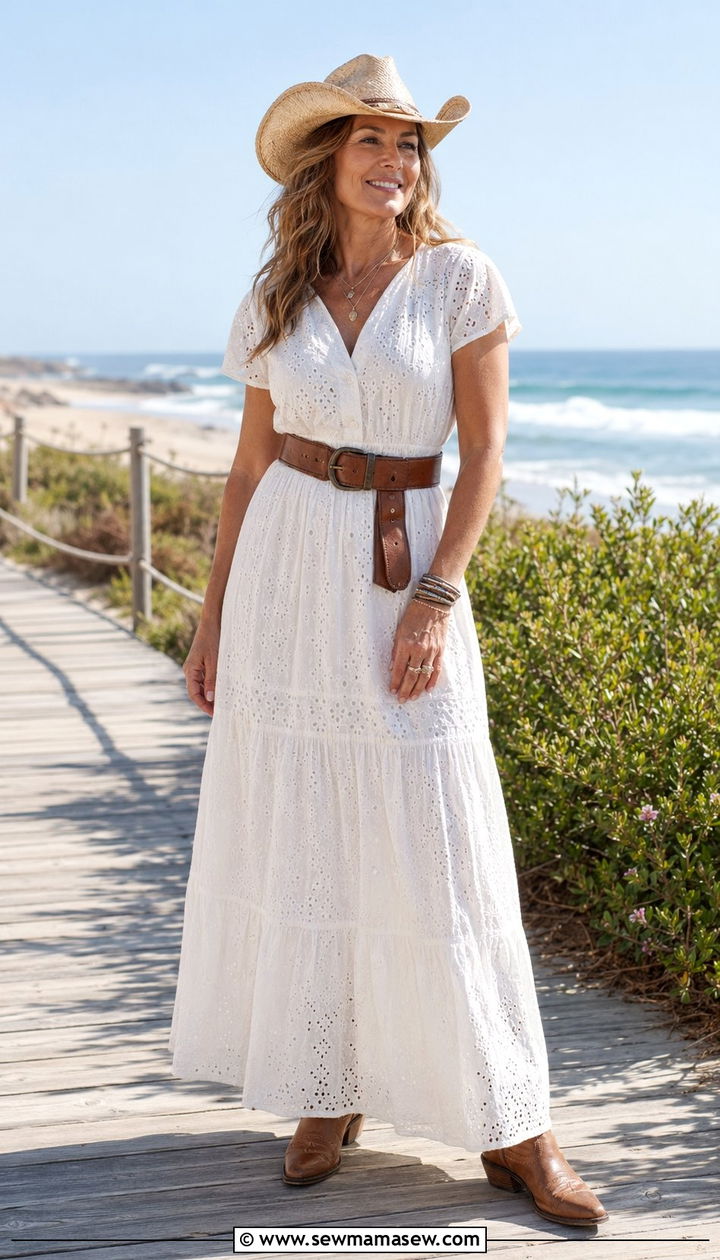 White eyelet maxi dress with tan leather belt and cowboy hat - 30 Western outfit ideas for women over 40