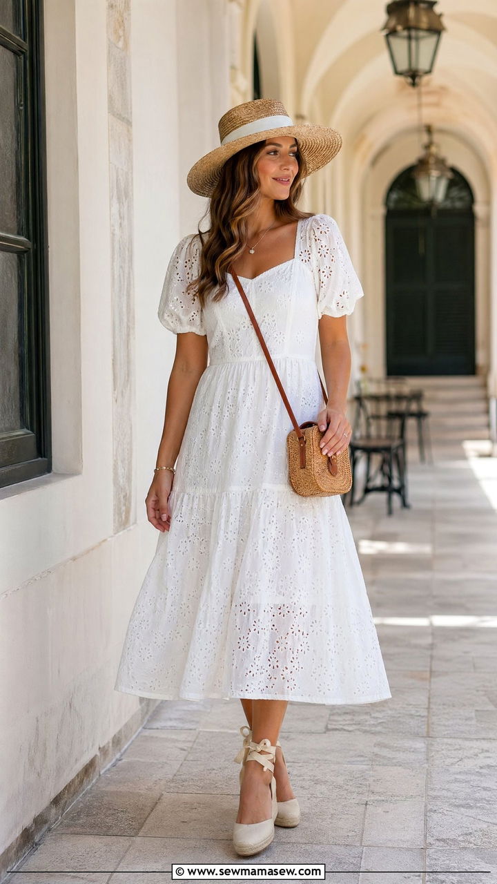 White eyelet midi dress outfit - 35 spring white outfit ideas