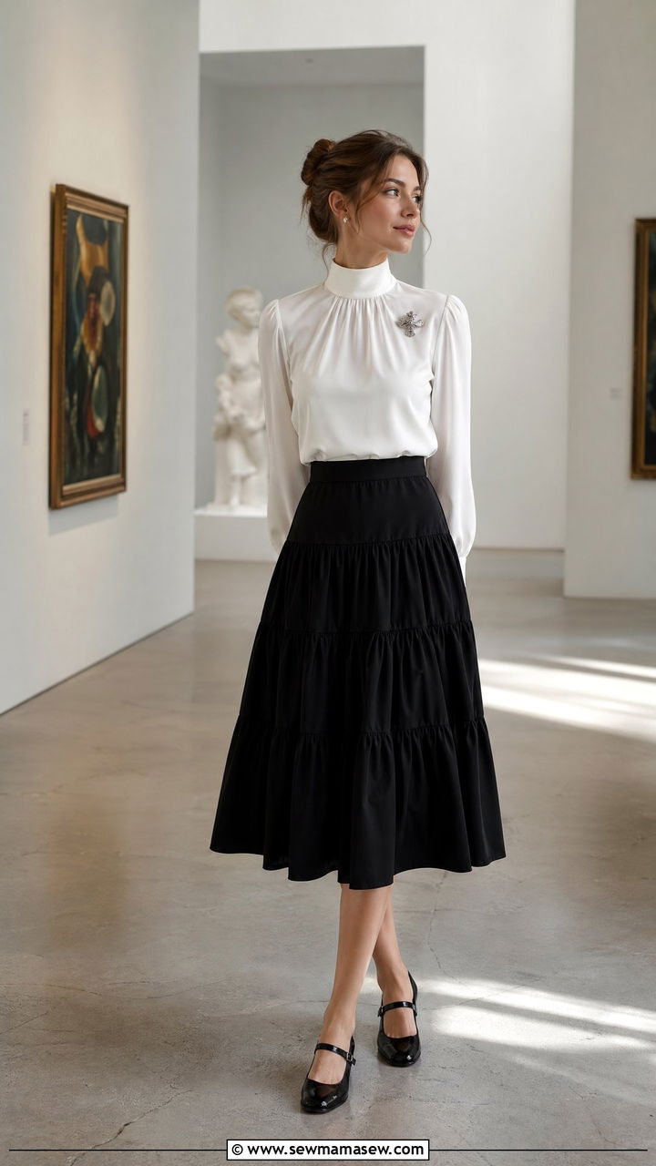 White high neck blouse and a black tiered midi skirt - 35 what to wear to a job interview