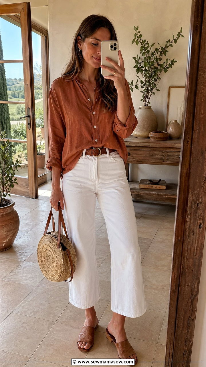 White jeans and linen top - 35 summer travel outfit ideas