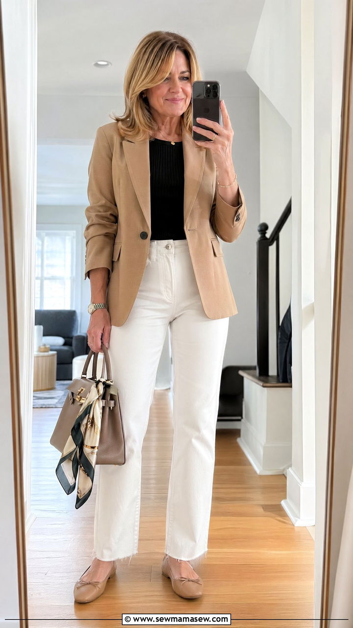 White jeans with camel blazer and ballet flats outfit - 35 Spring capsule wardrobe for women over 40