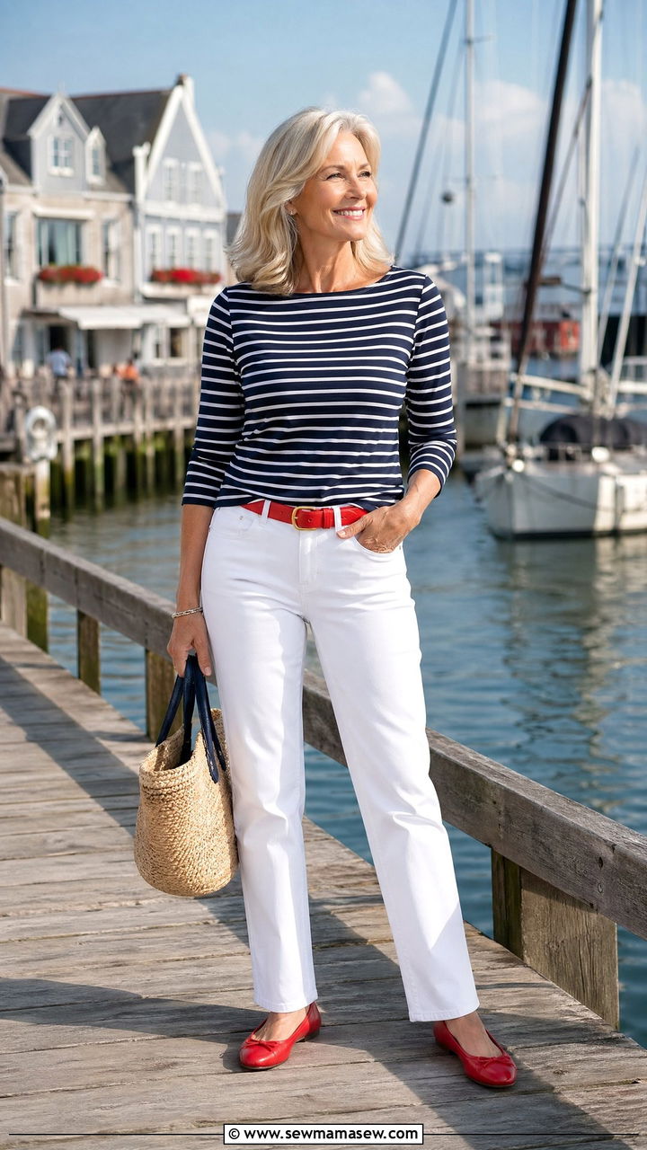 White jeans with nautical stripes and red accessories - 35 Travel outfit ideas for women over 50