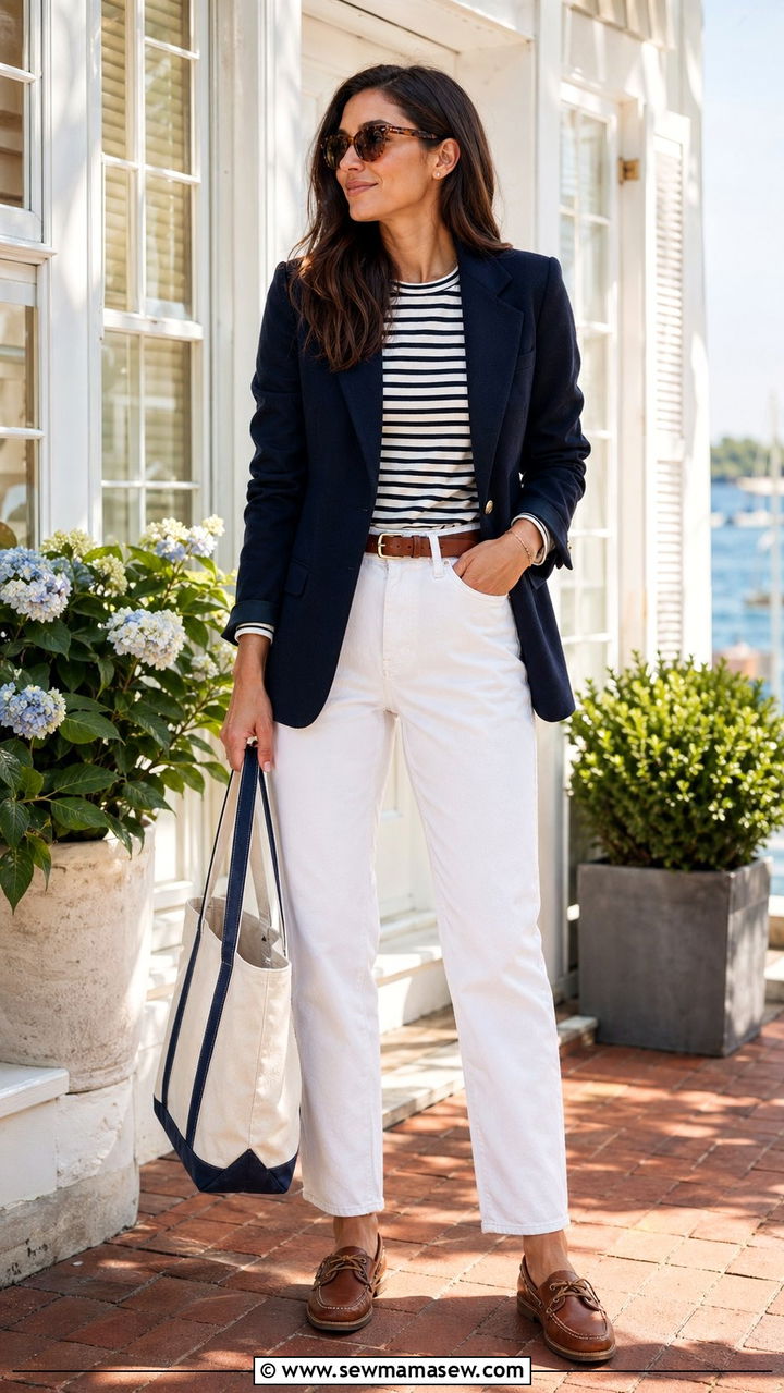 White jeans with navy blazer and boat shoes - 35 Office dress code outfit ideas