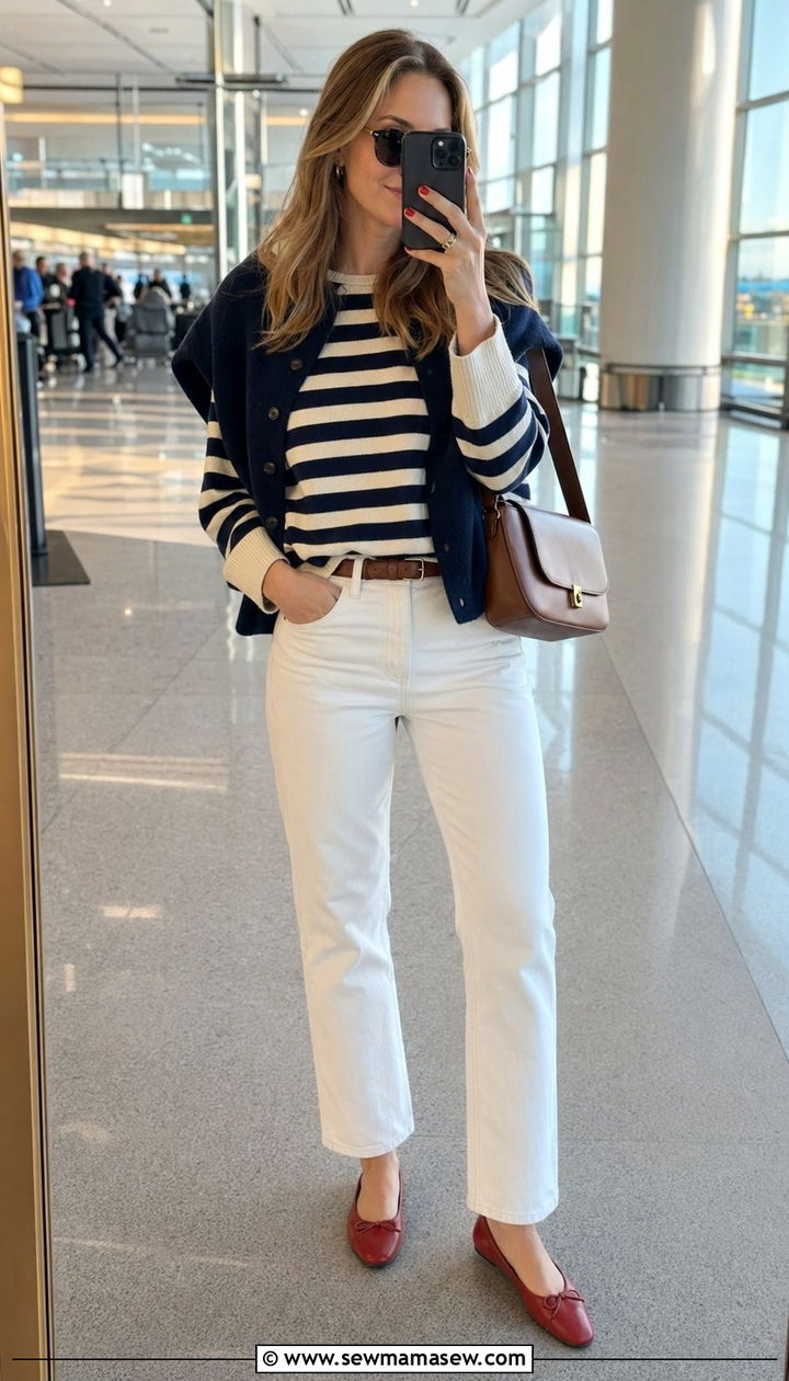 White jeans with striped sweater and ballet flats - 30 Airport outfit ideas with ballet flats