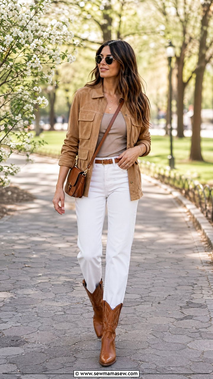 White jeans with tan jacket and cowboy boots - 35 cowboy boots outfit ideas