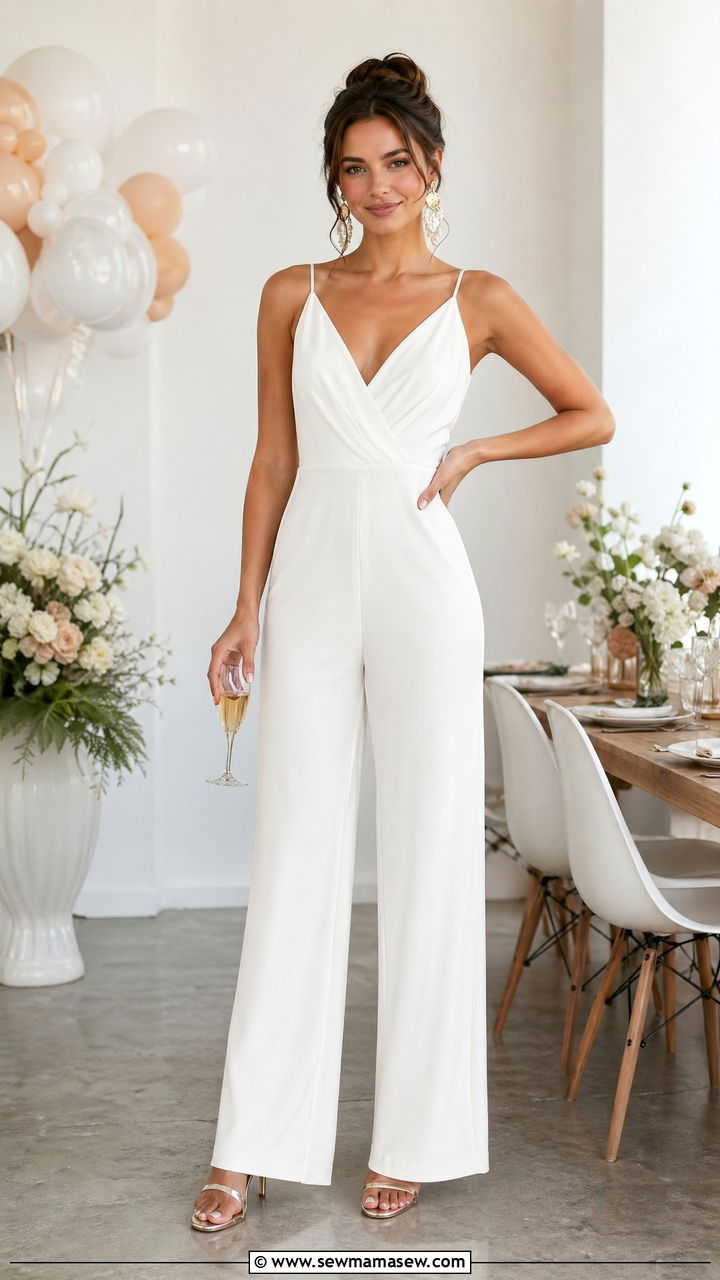 White jumpsuit with statement earrings - 35 summer bridal shower outfit ideas