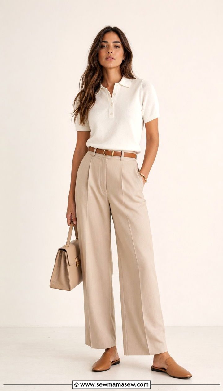 White knit polo and high waist beige trousers - 35 quiet luxury outfits for women