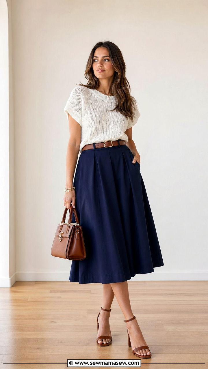 White knit top with navy midi skirt and brown belt - 30 work outfits for women over 30