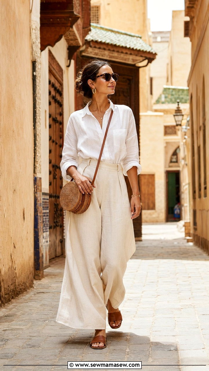 White linen button down and palazzo pants - 35 Morocco vacation outfit ideas