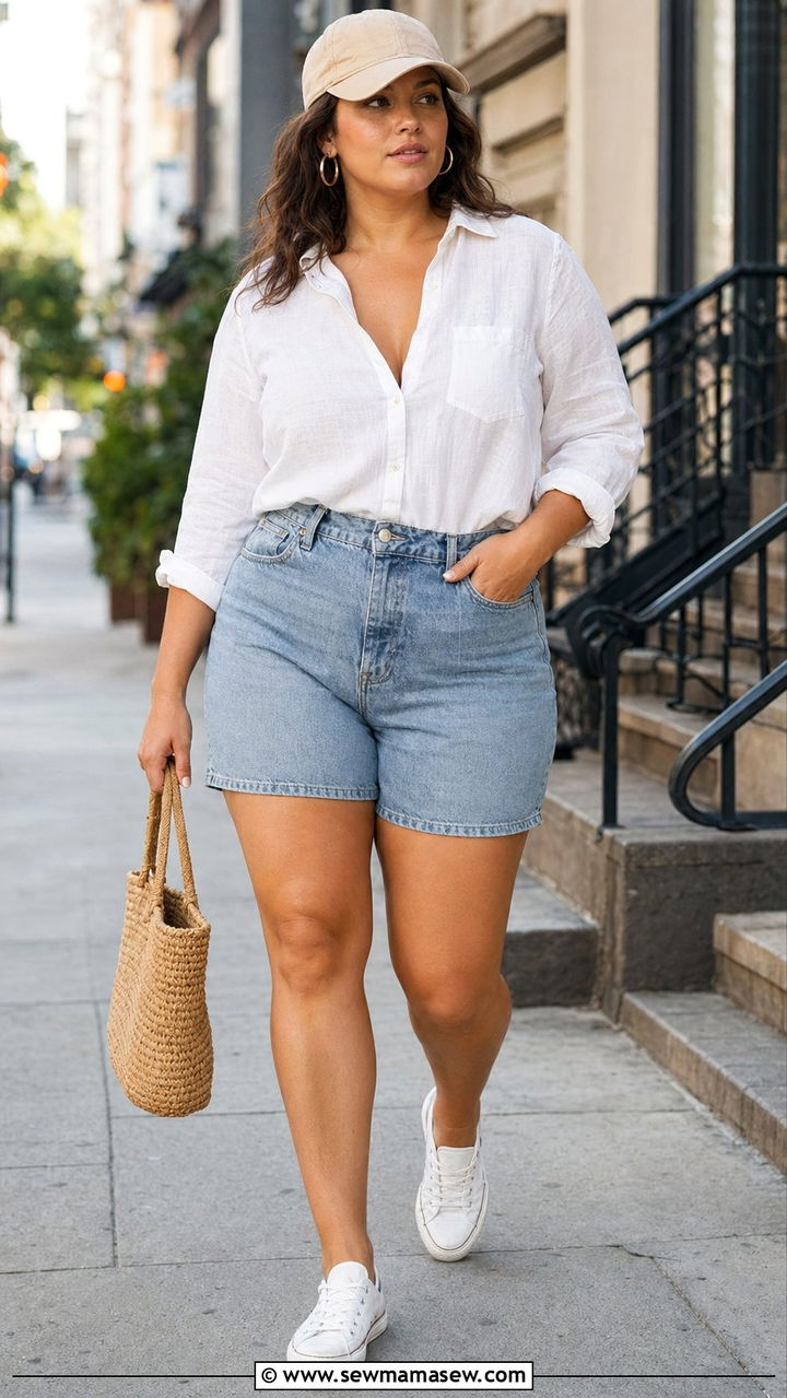 White linen button down shirt with denim shorts - 35 Plus size outfit ideas size 18 summer