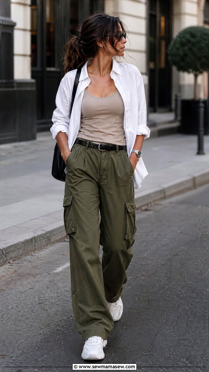 White linen button down with olive cargo pants - 35 Vacation outfit ideas summer 2026