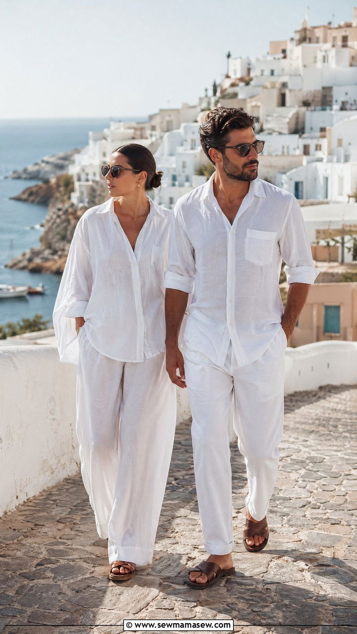 White linen button up and wide leg trousers - 35 Summer matching outfits for couples
