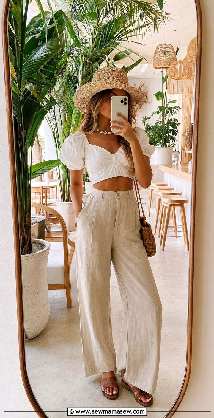 White linen crop top with beige wide leg pants Bali - 30 Bali packing list outfits