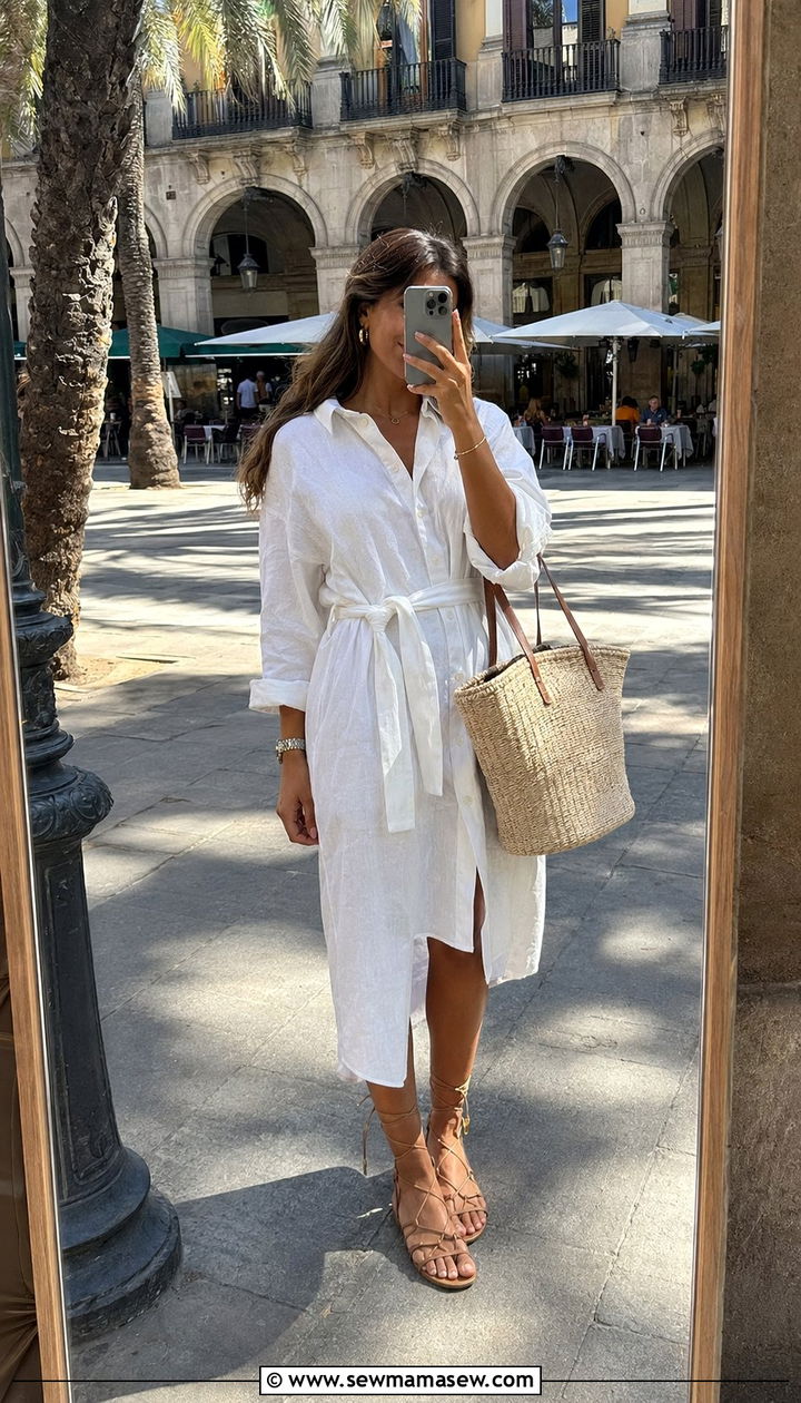 White linen shirt dress and flat sandals outfit Barcelona - 30 Barcelona vacation outfit ideas