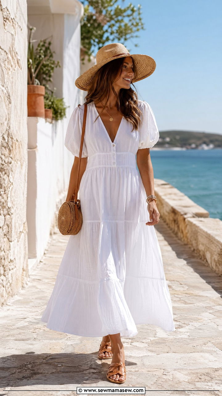 White maxi dress and woven accessories outfit - 35 summer effortless chic outfit ideas
