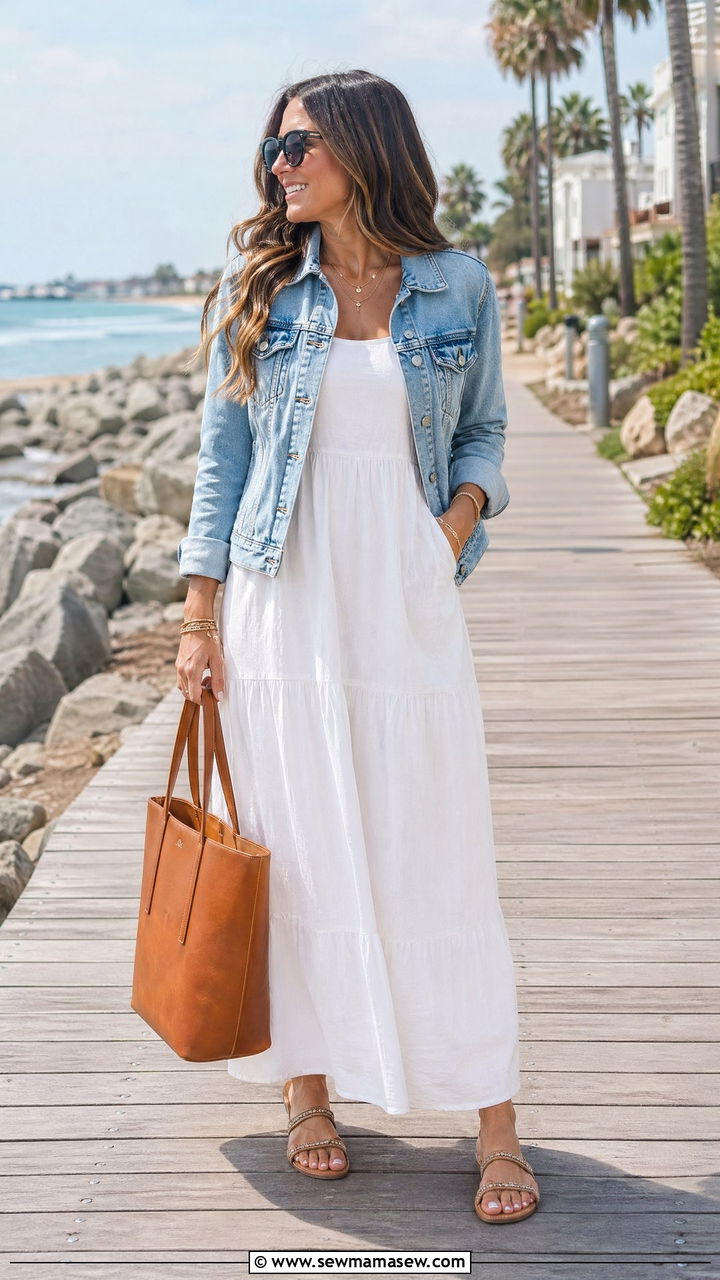 White maxi dress with denim jacket - 35 spring white outfit ideas