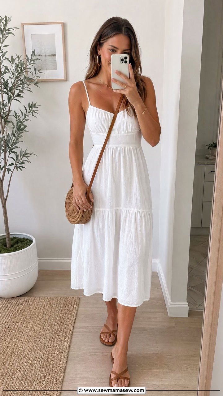 White midi dress and flat sandals spring look - 35 spring clean girl outfits