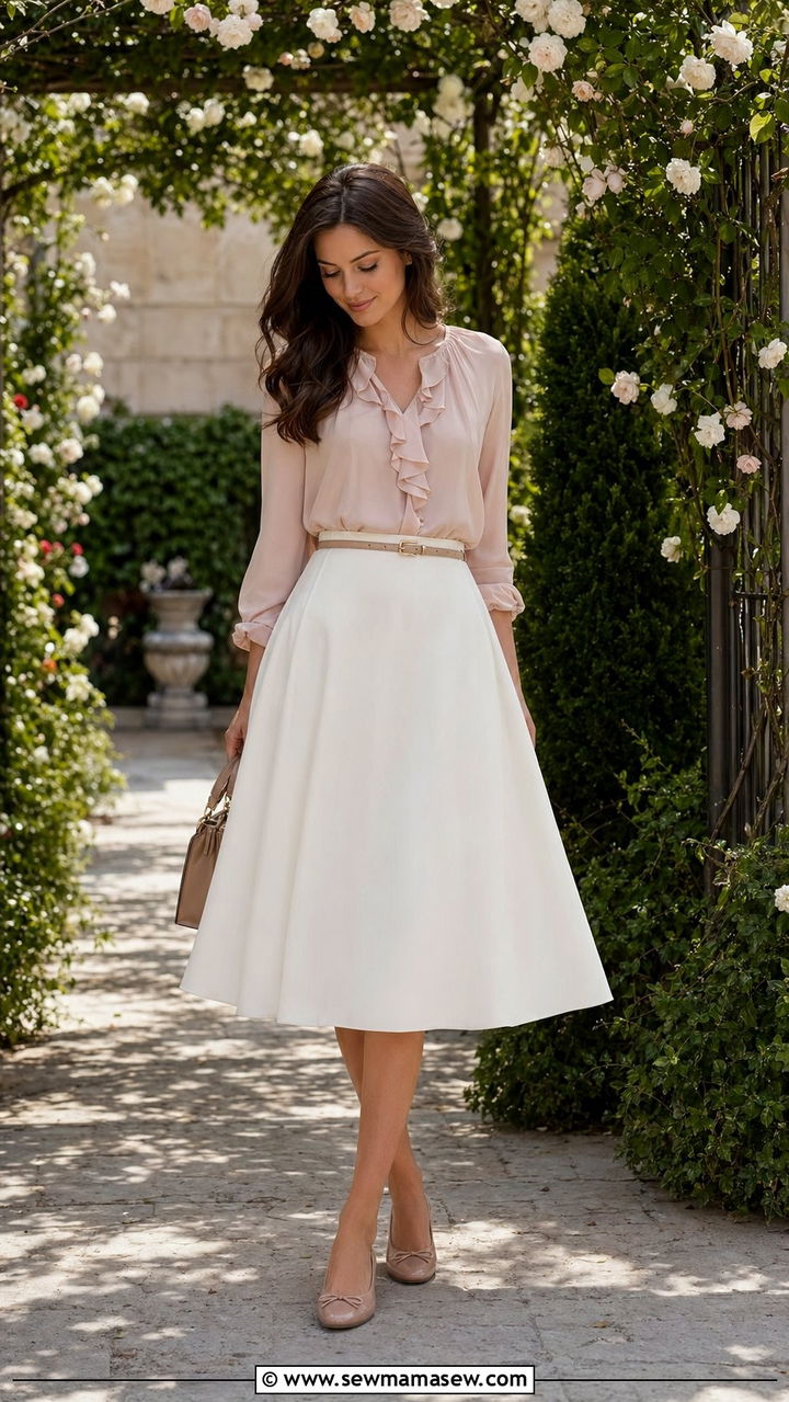 White midi skirt and ruffle blouse - 30 Back to school outfit ideas for college 2026